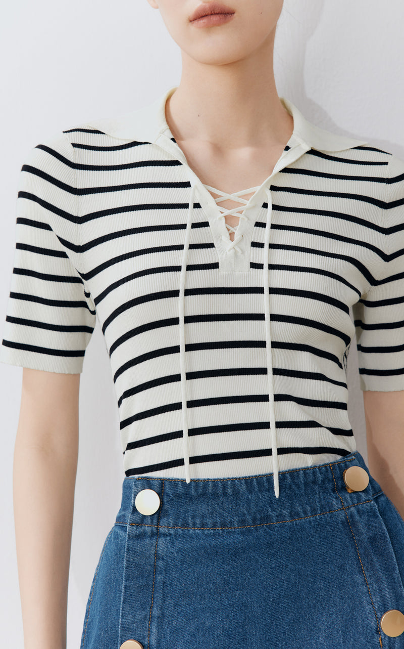 Polo Neck Lace Up Knit Top