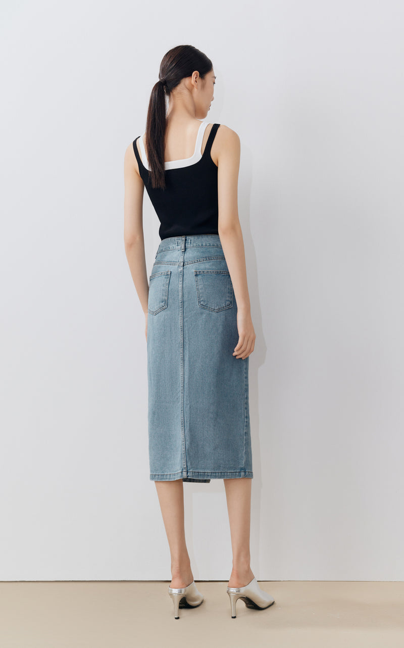 Front Split Denim Skirt