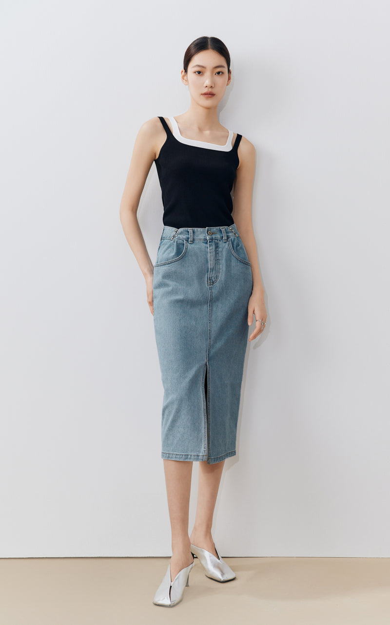 Front Split Denim Skirt